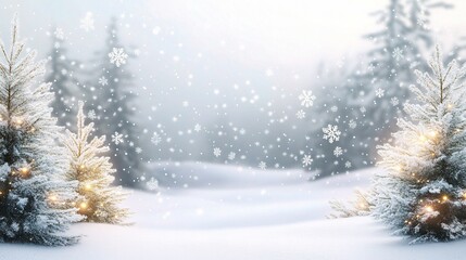 Snowy Christmas Background with Delicate Snowflakes and Trees