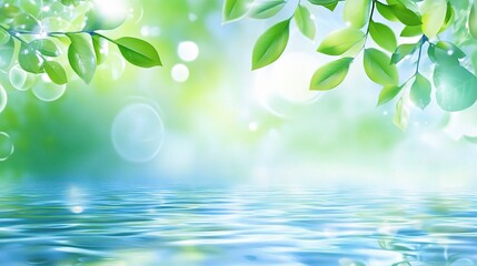 Naklejka premium Vibrant Natural Background with Green Leaves and Blue Water Surface