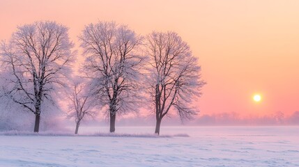 Serene Snowy Countryside at Dawn with Glowing Pink Horizon