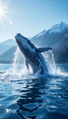 Humpback whale with an impressive mood breaching in clear blue water