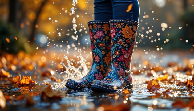 Person wearing floral rain boots splashing in puddles surrounded by autumn leaves