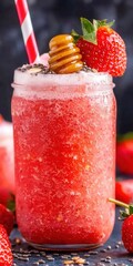 Refreshing strawberry honey smoothie kitchen food photography indoor close-up healthy living