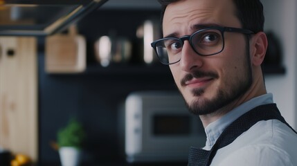 Fototapeta premium Man with glasses and a beard is standing in a kitchen
