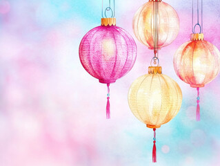Fototapeta premium Colorful lanterns hanging in dreamy watercolor background create festive atmosphere
