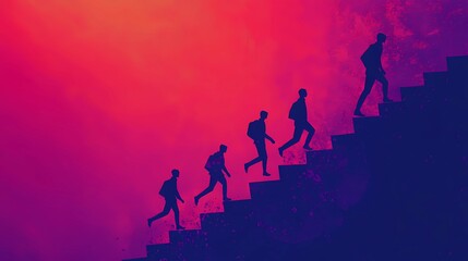 Dynamic abstract silhouettes ascending stairs, representing determination, career progression, and reaching new heights in professional development.