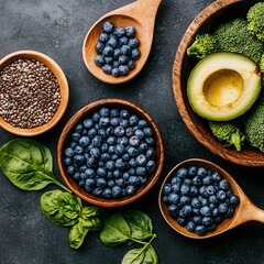 Healthy meal ingredients blueberries avocado broccoli and seeds on rustic background food photography natural setting