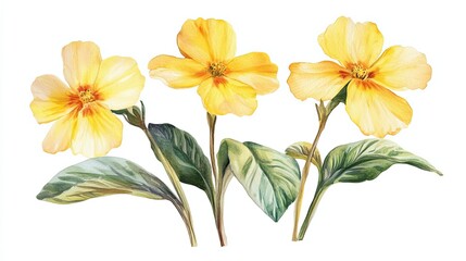 Fototapeta premium Watercolor Painting of Three Yellow Flowers with Green Leaves