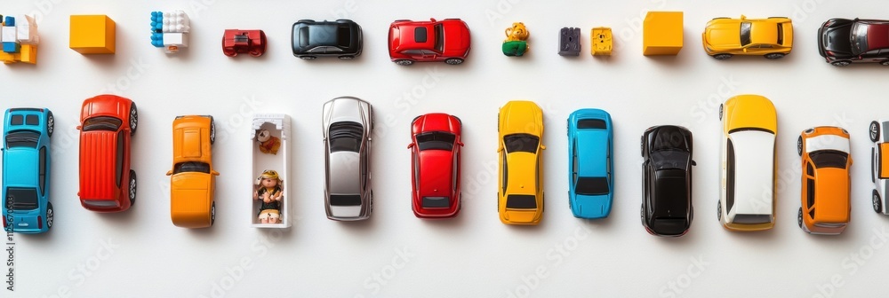 Poster Brightly colored toy cars, blocks, and dolls are arranged neatly on a white background, providing open space for adding text or messages. Generative AI