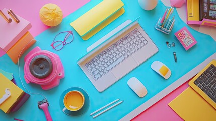 digital entrepreneurship flat design top view tech startup 3D render vivid 