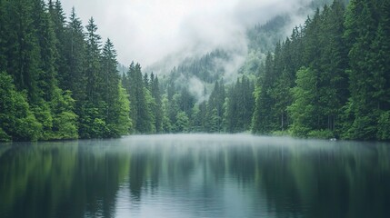 Naklejka premium Calm Lake Framed by Gentle Fog and Rising Mist in Serene Nature