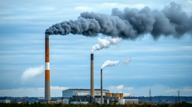 Industrial activity power plant pollution emission urban area wide-angle view environmental impact awareness