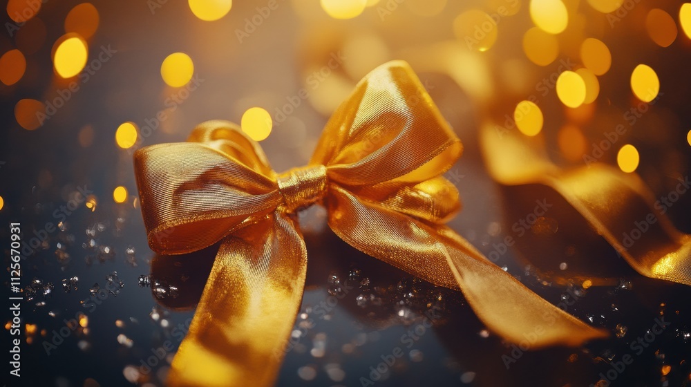 Poster a golden ribbon bows on a sparkling surface, reflecting festive new year vibes for a perfect backdro