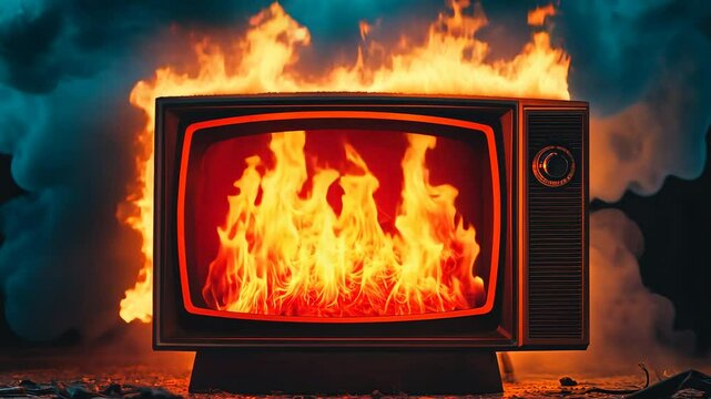 Retro television set on fire, vibrant flames engulfing screen. Dramatic destruction and chaos concept
