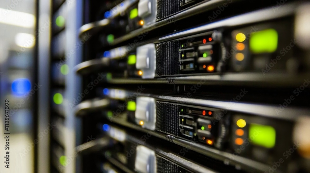 Poster data center operations technology hub server management digital environment close-up view infrastruc