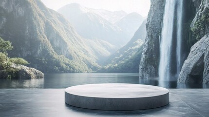 Modern Podium Surrounded by Serene Nature and Waterfall
