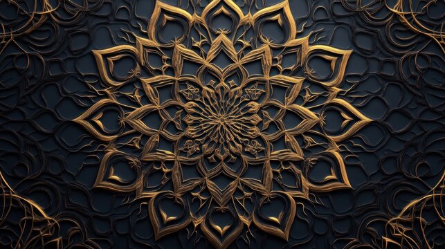 Dark luxurious wallpaper with golden Arabian details, intricate patterns, sophisticated minimalism 