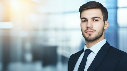 Fototapeta premium Man wearing a suit and tie is standing in front of a window