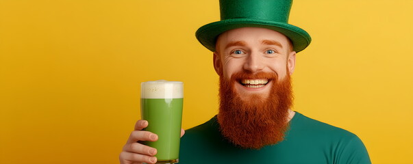 Happy man with red beard and moustache, wearing green t-shirt, green leprechaun hat with glass of green beer isolated on yellow background. St. Patrick's Day, Irish culture, holiday. Copy space