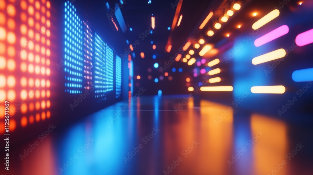Poster Recording an interview on camera in a contemporary television studio featuring vibrant, blurred lighting effects to highlight media innovation. Generative AI