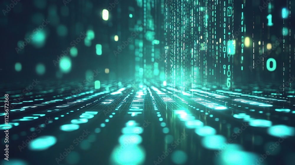 Poster digital matrix code with lines of glow in a futuristic backdrop