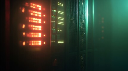 Server room lights flicker as data flows in high-tech environment futuristic technology concept dimly lit viewpoint