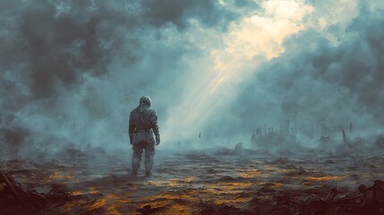 Obraz premium A lone astronaut surveys a desolate, post-apocalyptic landscape.