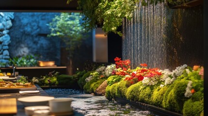 Obraz premium Serene Restaurant Oasis: Indoor Waterfall and Blooming Flowers