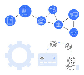 Network of supply chain elements including clipboard, factory, warehouse, airplane, globe, truck, shopping cart gear, credit card coins hand with dollar sign. Ideal for logistics finance business