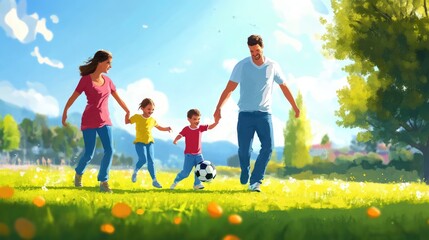 Happy family playing soccer at park