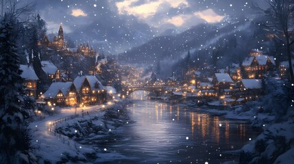 A snowy village scene at twilight with cozy homes illuminated by warm lights.
