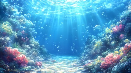 Fototapeta premium Vibrant underwater scene showcasing colorful coral reefs and shimmering light.