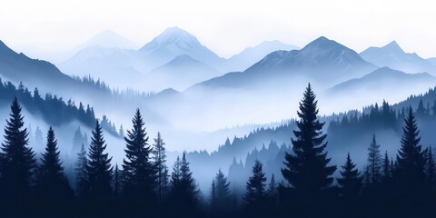 Naklejka premium A serene mountain landscape with layered blue tones and silhouetted trees.
