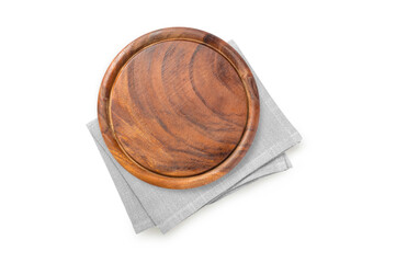 Top view of Empty wooden plate on gray towel  napkin isolated on white background.
