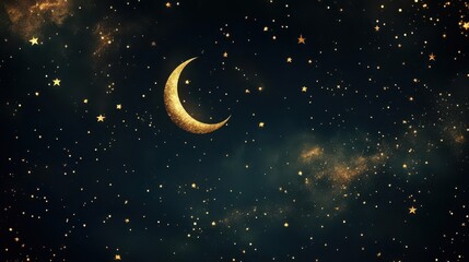 Fototapeta premium A serene night sky featuring a crescent moon surrounded by twinkling stars.