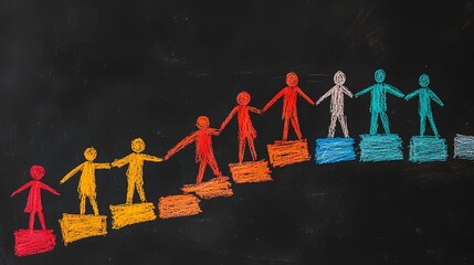 Stylized human figures climbing a staircase, symbolizing personal growth, corporate success, and striving for higher goals.