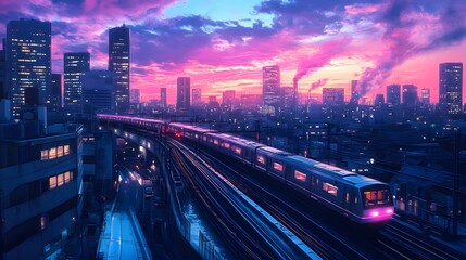 Obraz premium Futuristic train amidst a vibrant city skyline at dusk.