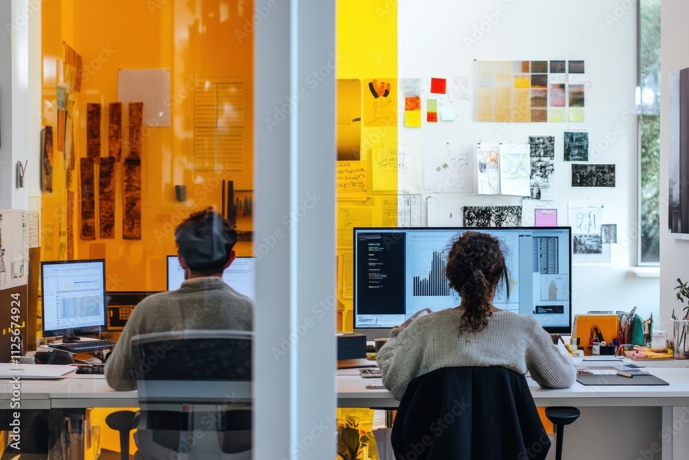Fototapete two individuals work in a minimalist workspace with artistic displays, surrounded by bright color an