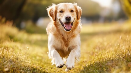 Obraz premium happy golden retriever dog running on a field in summer