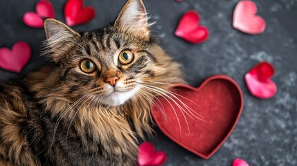 Adorable Cat Surrounded by Heart-Shaped Decorations and a Red Gift Box on a Gray Background for Valentine's Day
