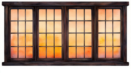 Traditional Chinese window frame with sunset colors in watercolor, isolated design on white background
