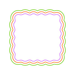 Colorful square frame with wavy edges. Geometric shape with scallop borders. Blank text box, tag or label isolated on white background. Vector flat illustration.