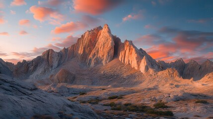Naklejka premium Majestic mountain range at sunset with vibrant clouds in the sky.