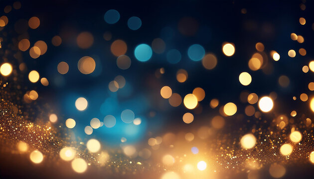 fond lumineux abstrait avec des bokeh dor&eacute;s et bleus dans l'obscurit&eacute;, repr&eacute;sentant la magie et l'illumination effets lumineux. - No&euml;l, f&ecirc;tes de fin d'ann&eacute;e d&eacute;cembre janvier