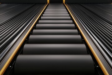 Obraz premium Concept of conveyor belt airport baggage with efficiency. A sleek, modern escalator with black rollers leading upward, illuminated by soft lighting, creating a minimalist aesthetic.