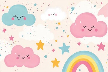 A playful design featuring smiling clouds, stars, and a rainbow on a soft pastel background.