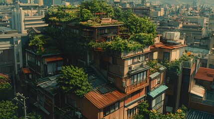 Obraz premium Overgrown urban building with lush greenery on rooftops in a bustling cityscape.