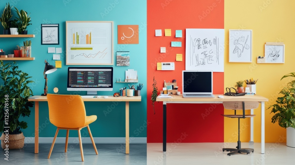 Poster Two distinct areas showcase a minimalist workspace combining organized technology and creative art elements, providing an inspiring atmosphere. Generative AI