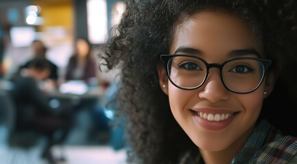 Portrait en gros plan d'une belle jeune femme métisse souriante portant des lunettes, assise devant son équipe au bureau, arrière-plan flou de collègues.