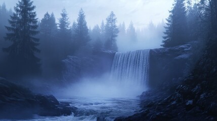 Fototapeta premium Misty Waterfall in a Mystical Forest
