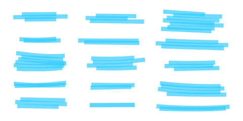 Set of blue highlight marker lines. Various transparent hand-drawn pen or brush underlines for important text or emphasis selection isolated on white background. Vector realistic illustration.